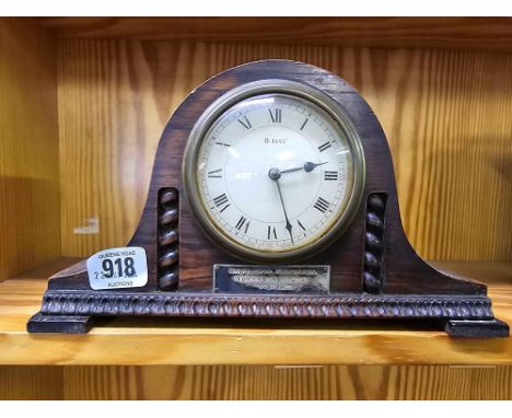 SMALL OAK DOMED MANTEL PIECE CLOCK WITH PRESENTATION PLATE