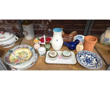 SHELF OF MISC CHINA INCL; STONE GLAZED WATER BOTTLE,EGG CROCK, BRENTLEIGH WARE, CHERRY BASKET & PLATES