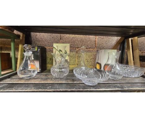 SHELF OF MISC DECANTERS & CRYSTAL BOWLS