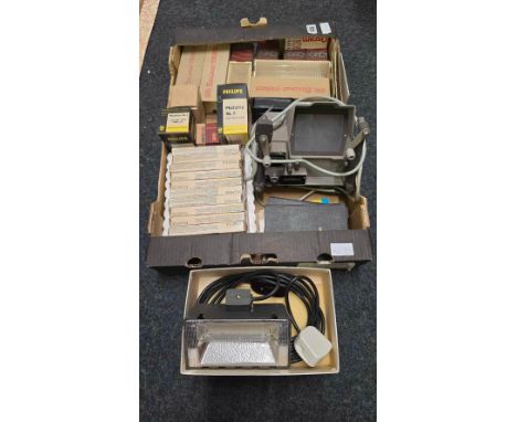 CARTON WITH MISC CAMERA EQUIPMENT INCL; A VIEWER, HALOGEN LIGHT & POLAROID CASSETTES
