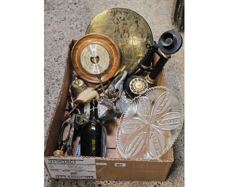 CARTON WITH MISC BRIC-A-BRAC INCL; GLASS DISH, MODERN CANDLESTICK TELEPHONE, ANEROID BAROMETER ETC