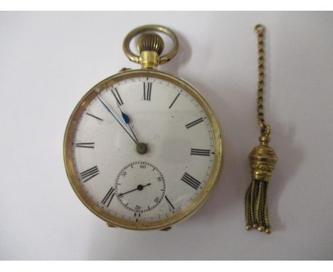 An 18k gold cased pocket watch with a gold coloured fob tassel and white enamel dial, having Roman numerals and subsidiary se