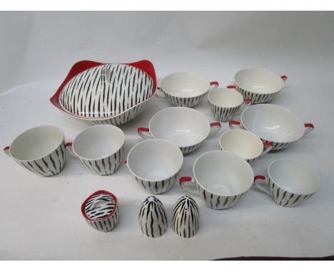 Midwinter Zambezi pattern tea and dinnerware comprising a tureen and cover with a black factory mark inscribed Fashion Shape,