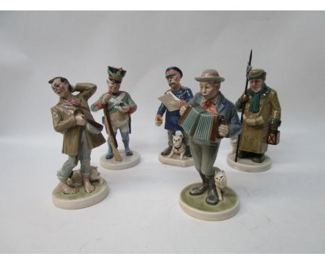 Five Villeroy &amp; Boch figures, comprising a soldier taking snuff no. 1881, JK  7 1/4"h, a town crier no 1843, 7 1/4"h, a m