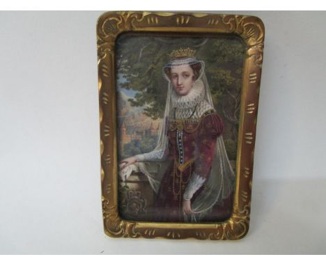 Marie R - a half length portrait miniature of a woman in Elizabethan dress, wearing a crown, a ruff and a gold embroidered pu