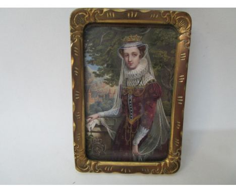 Marie R - a half length portrait miniature of a woman in Elizabethan dress, wearing a crown, a ruff and a gold embroidered pu