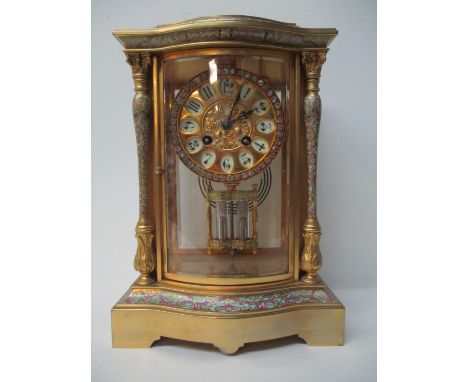 A 19th century French cloisonne and brass, four glass mantle clock having jewel encrusted bezel, double mercury pendulum, two