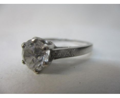 A platinum coloured solitaire diamond ring, approximately 1ct with six diamonds to the shoulders, size P/Q, 4g 