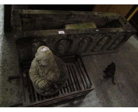 A trough planter, together with a stoneware garden Buddha, a fire grate and a beetle boot pull 