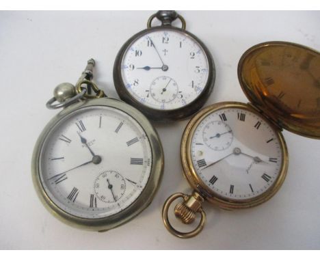 Three late 19th century and later pocket watches to include a gold plated Prescot pocket watch having Arabic numerals, white 