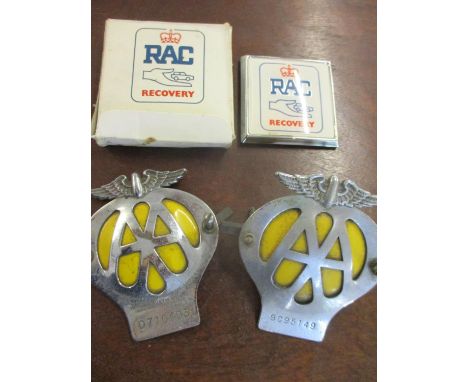 Two vintage AA car badges and an RAC recovery car badge 