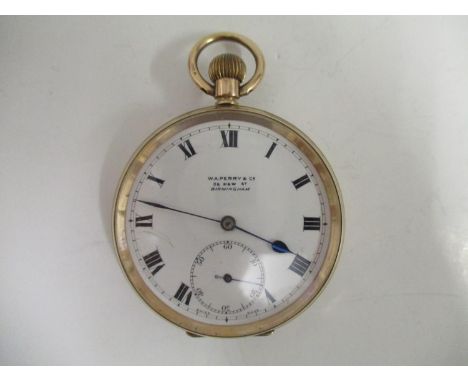 An early 20th century, open faced 9ct gold cased pocket watch, the dial signed W A Perry &amp; Co, 38 New St. Birmingham, wit