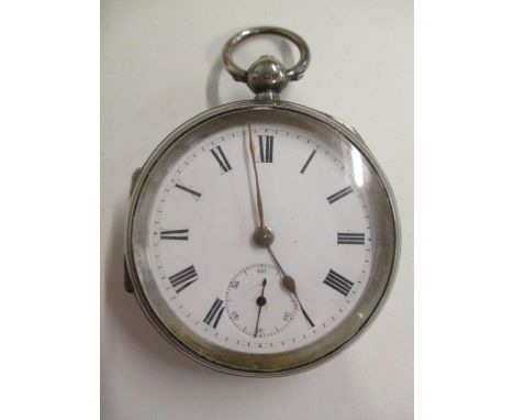 A late 19th century silver cased pocket watch having a white enamel dial, Roman numerals and subsidiary seconds dial, fitted 