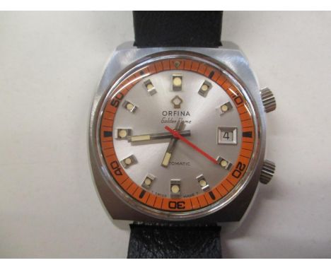 An Orfina Golden Flame gents vintage automatic wristwatch having date aperture at three and a rotating inner orange bezel, 37