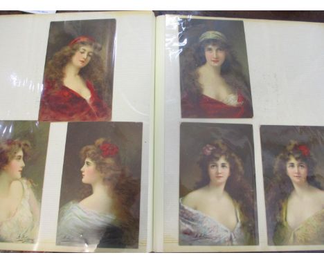 An album containing vintage postcards and death cards to include a series of A Asti inspired Rafhael Tuck &amp; Sons Connoiss