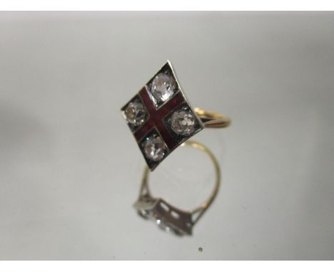A gold coloured metal ring set with four diamonds, approximately 1ct total within a crossover band of red enamel in a diamond