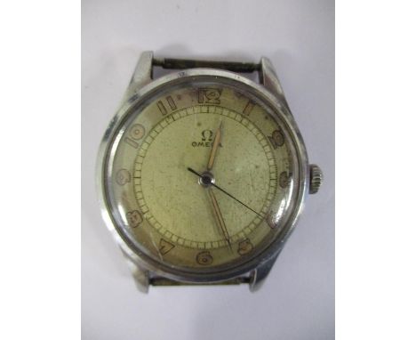A gents 1940s stainless steel Omega Suveran wristwatch with a silvered dial, luminous Arabic numerals and syringe hands, Swis