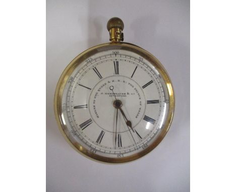 An 18ct gold cased, open faced, manual wind chronograph pocket watch, the dial and lever movement signed J Hargreaves &amp; C