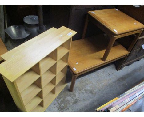 Two mid 20th century teak occasional tables, together with two modern light-wood display units 