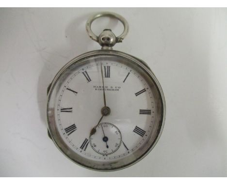 An open faced silver cased pocket watch the dial signed Marsh &amp; Co, Birmingham the cased stamped 297520, the movement sta