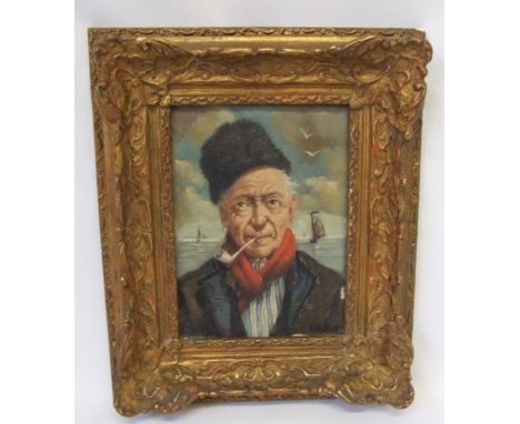 Gilt Framed Dutch Oil on Canvas, gentleman smoking pipe with red scarf, signed (illegible signature), approx. 5 3/8" x 7 1/4"