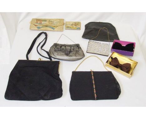 6 Ladies Vintage Evening Bags, Japanese? Embossed Leather Clutch Bag &amp; Matching Wallet &amp; Akco Black Velvet Bow Tie &a