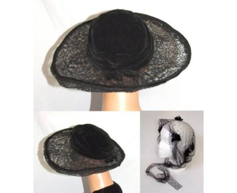 Ladies Vintage 1930s Black Velvet Hat with lace brim &amp; Black Net Bonnet with black velvet flowers (2)  CONDITION REPORT 