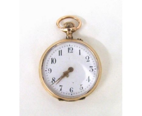 14ct Gold Pocket Watch, top wind, enamelled dial, Arabic numerals, fretted gilt hands, engine turned back, base metal movemen