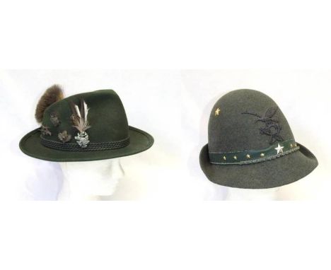 Vintage Tyrolean Geiger-Hute Salzburg Green Felt Hat with boars hair brush, feather &amp; pins &amp; Ladies Green Felt Tyrole