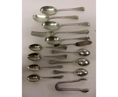 Old English Pattern Cutlery incl. sugar tongs, butter knife, 7 coffee &amp; teaspoons, 4 dessert spoons &amp; dinner fork, va