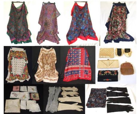 Ladies Vintage &amp; Other Scarves incl. Tie Rack, Debenhams, etc., embroidered souvenir &amp; other handkerchiefs, pair stri