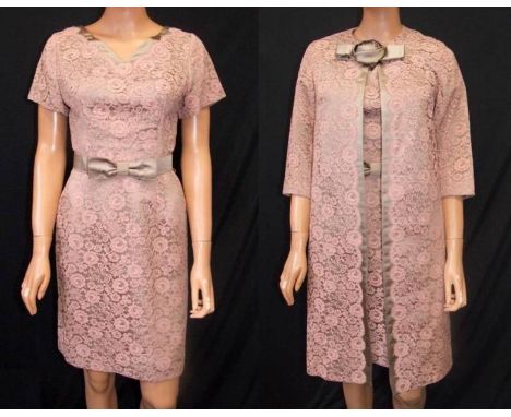 Vintage 150s/60s Taupe Satin Dress with pink lace overlay &amp; Matching Coat, labelled 'Heiress', approx. size 10  CONDITION