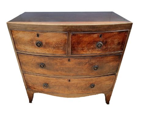 C19th Georgian Bow Fronted Chest of 2 Short &amp; 2 Long Drawers with later ring-pull handles, on swept bracket supports, cro