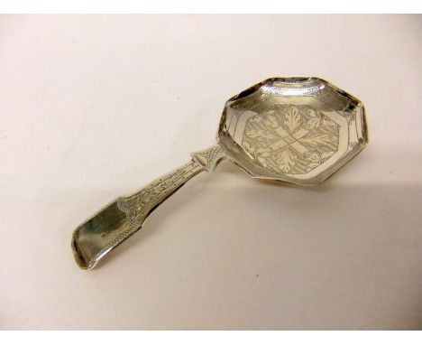 C19th Georgian Silver Caddy Spoon with engraved fiddle pattern handle, octagonal bowl engraved with leaves &amp; flower, make