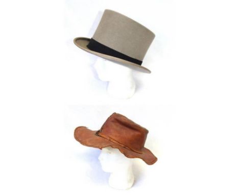 Mens Vintage Moss Bros Grey Top Hat &amp; Leather Bush Hat (2)  CONDITION REPORT top hat has some wear to under rim