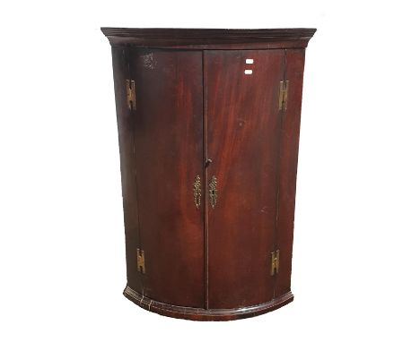 Late C18th Georgian Mahogany Bow Fronted Hanging Corner Cupboard with segmented cornice  CONDITION REPORT small piece of wood