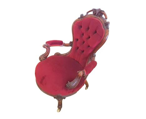 C19th Ladies Show-Wood Open Armchair with curved &amp; carved arm supports, deep buttoned back, on cabriole front supports wi