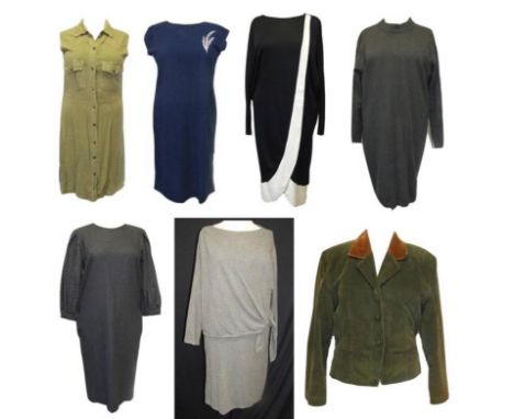 Vintage Dresses incl. Farrow jumper dress, Luisa Spagnoli grey wool dress, Roots black &amp; white dress, Award khaki dress, 