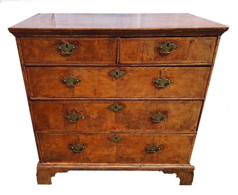 C18th Georgian Walnut Chest of 2 short &amp; 3 long graduated drawers with plate brass handles, oak lined, drawer fronts with