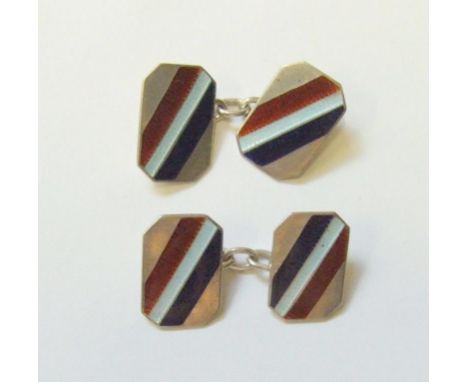Pair Silver Enamelled Red White &amp; Blue Cufflinks with canted corners, chain link hallmarked Birmingham 1936, HH&amp;S  CO