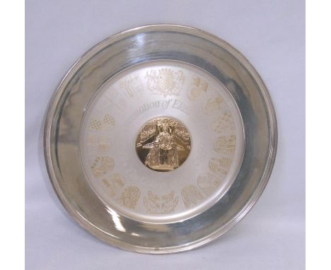 Circular Silver 1978 Commemorative Platter Coronation Elizabeth II engraved with gilt college of arms, reverse with descripti