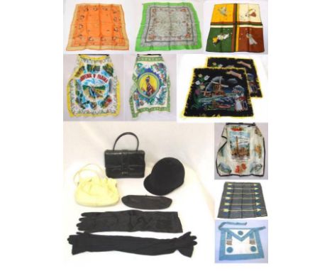 Ladies Vintage Scarves incl. Jacqmar 3 Vintage Bags, 2 pairs long evening gloves, 2 Holland cushion covers, masonic apron &am
