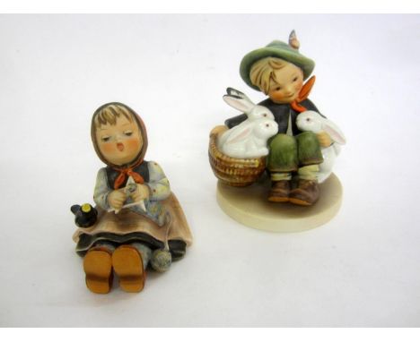 Hummel Figurines: Seated Boy with rabbit 58/1 &amp; Girl Seated Knitting with blackbird (2)  CONDITION REPORT 