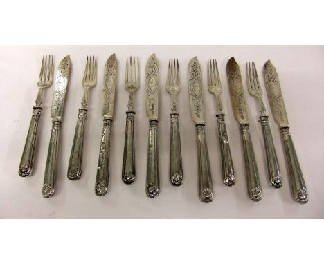 6 Pairs Victorian Silver Shell Pattern Fish Eaters with engraved silver blades & hollow handles, hallmarked to handles & blad