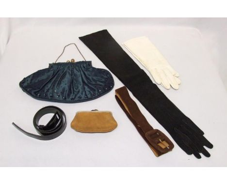 Pair Long Black Suede Evening Gloves, Pair Van Raalte 1950s White Kid Leather Gloves with silk lining, Vintage Beaded Evening