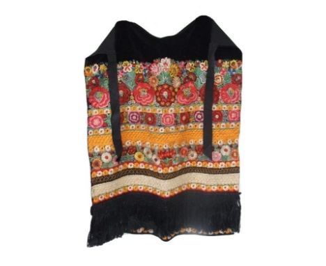 Vintage Hungarian Folk Art Matyo Embroidered Black Velvet &amp; Cotton Panel made into an apron, approx. 34" x 26"  CONDITION