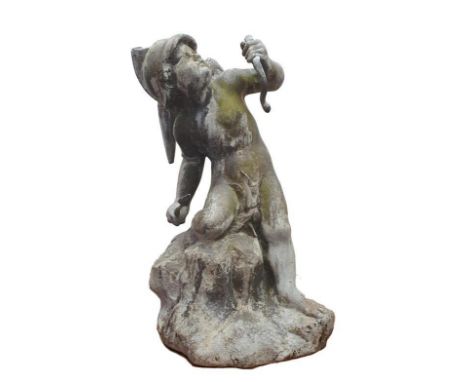 C19th Victorian Lead Garden Figurine, Cupid with bow &amp; arrow wearing winged helmet, on rocky base, approx. 22" H  CONDITI