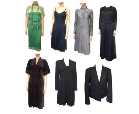 Ladies Vintage Dresses: Anne Basham green/beige knitted, Serrano, silver lurex, Susie G black velvet, 2 black evening dresses