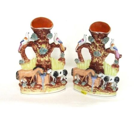 2 C19th Staffordshire Flat Back Figural Groups Horse &amp; Cow at water trough, tree with birds on branches, central flower s