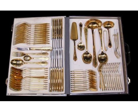 German Solingen Bestecke 24ct Gold Plated &amp; Stainless Steel Cutlery Set: 12 teaspoons, 12 pastry forks, soup lade, 2 serv